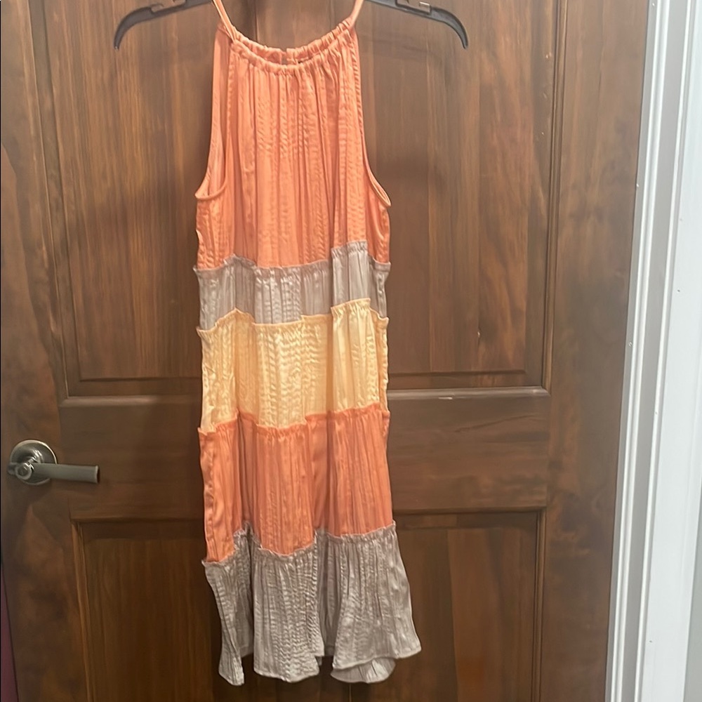Versona Orange Tan Pleated Midi Sundress